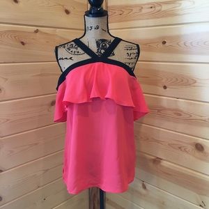 NY& Co Coral Cold Shoulder Ruffle Detail Sm NWT